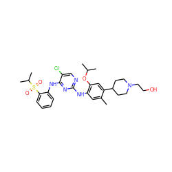 Cc1cc(Nc2ncc(Cl)c(Nc3ccccc3S(=O)(=O)C(C)C)n2)c(OC(C)C)cc1C1CCN(CCO)CC1 ZINC000096272785