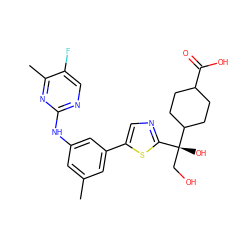 Cc1cc(Nc2ncc(F)c(C)n2)cc(-c2cnc([C@@](O)(CO)C3CCC(C(=O)O)CC3)s2)c1 ZINC000144619566