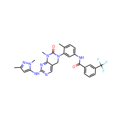 Cc1cc(Nc2ncc3c(n2)N(C)C(=O)N(c2cc(NC(=O)c4cccc(C(F)(F)F)c4)ccc2C)C3)n(C)n1 ZINC000038141704