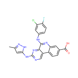 Cc1cc(Nc2ncc3c(n2)c(Nc2ccc(F)c(Cl)c2)nc2cc(C(=O)O)ccc23)[nH]n1 ZINC000167612545