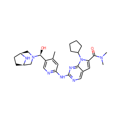 Cc1cc(Nc2ncc3cc(C(=O)N(C)C)n(C4CCCC4)c3n2)ncc1[C@H](O)N1C[C@@H]2CC[C@H](C1)N2 ZINC000218959938