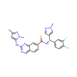 Cc1cc(Nc2ncc3ccc(C(=O)N[C@@H](c4ccc(Cl)c(F)c4)c4cnn(C)c4)cc3n2)n(C)n1 ZINC000205151651