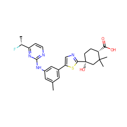 Cc1cc(Nc2nccc([C@@H](C)F)n2)cc(-c2cnc([C@@]3(O)CC[C@H](C(=O)O)C(C)(C)C3)s2)c1 ZINC000072315497