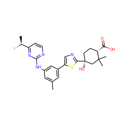 Cc1cc(Nc2nccc([C@H](C)F)n2)cc(-c2cnc([C@@]3(O)CC[C@H](C(=O)O)C(C)(C)C3)s2)c1 ZINC000072315496