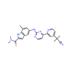 Cc1cc(Nc2nccc(-c3cc(C(C)(C)C#N)ccn3)n2)cc2cc(C(=O)N(C)C)[nH]c12 ZINC000144299140