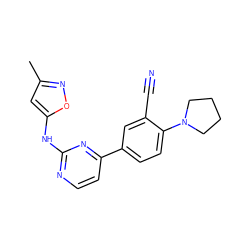 Cc1cc(Nc2nccc(-c3ccc(N4CCCC4)c(C#N)c3)n2)on1 ZINC000113824124