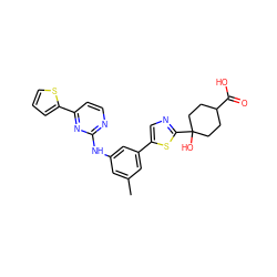 Cc1cc(Nc2nccc(-c3cccs3)n2)cc(-c2cnc(C3(O)CCC(C(=O)O)CC3)s2)c1 ZINC000117797912