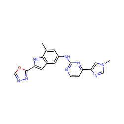 Cc1cc(Nc2nccc(-c3cn(C)cn3)n2)cc2cc(-c3nnco3)[nH]c12 ZINC000473145164