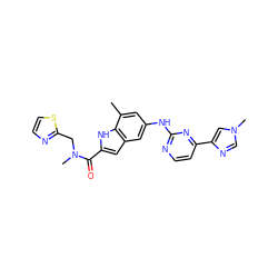 Cc1cc(Nc2nccc(-c3cn(C)cn3)n2)cc2cc(C(=O)N(C)Cc3nccs3)[nH]c12 ZINC000205654136