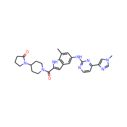 Cc1cc(Nc2nccc(-c3cn(C)cn3)n2)cc2cc(C(=O)N3CCC(N4CCCC4=O)CC3)[nH]c12 ZINC000222322637