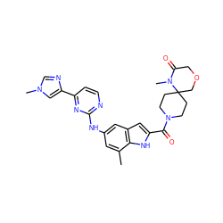 Cc1cc(Nc2nccc(-c3cn(C)cn3)n2)cc2cc(C(=O)N3CCC4(CC3)COCC(=O)N4C)[nH]c12 ZINC000205651161