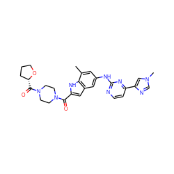 Cc1cc(Nc2nccc(-c3cn(C)cn3)n2)cc2cc(C(=O)N3CCN(C(=O)[C@@H]4CCCO4)CC3)[nH]c12 ZINC000222322378