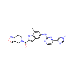 Cc1cc(Nc2nccc(-c3cn(C)cn3)n2)cc2cc(C(=O)N3CCc4nocc4C3)[nH]c12 ZINC000205655201