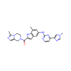 Cc1cc(Nc2nccc(-c3cn(C)cn3)n2)cc2cc(C(=O)N3CCn4c(cnc4C)C3)[nH]c12 ZINC000222327186