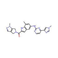 Cc1cc(Nc2nccc(-c3cn(C)cn3)n2)cc2cc(C(=O)N3Cc4cnn(C)c4C3)[nH]c12 ZINC000205652619