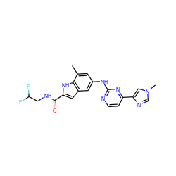 Cc1cc(Nc2nccc(-c3cn(C)cn3)n2)cc2cc(C(=O)NCC(F)F)[nH]c12 ZINC000222324877