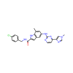 Cc1cc(Nc2nccc(-c3cn(C)cn3)n2)cc2cc(C(=O)NCc3ccc(Cl)cc3)[nH]c12 ZINC000205652548