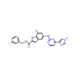 Cc1cc(Nc2nccc(-c3cn(C)cn3)n2)cc2cc(C(=O)NCc3cccc(F)c3)[nH]c12 ZINC000205653810