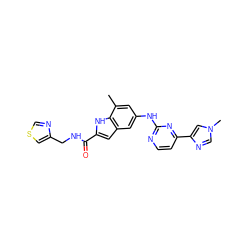 Cc1cc(Nc2nccc(-c3cn(C)cn3)n2)cc2cc(C(=O)NCc3cscn3)[nH]c12 ZINC000222325228