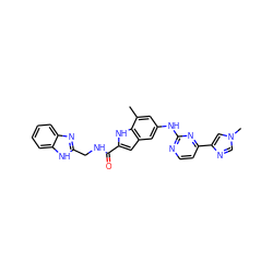 Cc1cc(Nc2nccc(-c3cn(C)cn3)n2)cc2cc(C(=O)NCc3nc4ccccc4[nH]3)[nH]c12 ZINC000222676385