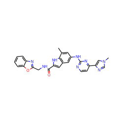 Cc1cc(Nc2nccc(-c3cn(C)cn3)n2)cc2cc(C(=O)NCc3nc4ccccc4o3)[nH]c12 ZINC000205652759