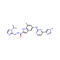 Cc1cc(Nc2nccc(-c3cn(C)cn3)n2)cc2cc(C(=O)NCc3nccn3C(C)C)[nH]c12 ZINC000222326301