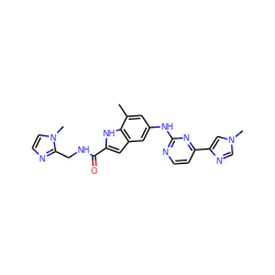 Cc1cc(Nc2nccc(-c3cn(C)cn3)n2)cc2cc(C(=O)NCc3nccn3C)[nH]c12 ZINC000222327253