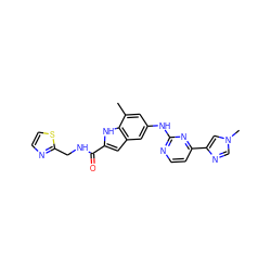 Cc1cc(Nc2nccc(-c3cn(C)cn3)n2)cc2cc(C(=O)NCc3nccs3)[nH]c12 ZINC000222325762