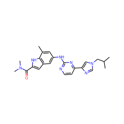 Cc1cc(Nc2nccc(-c3cn(CC(C)C)cn3)n2)cc2cc(C(=O)N(C)C)[nH]c12 ZINC000205651042