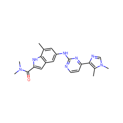 Cc1cc(Nc2nccc(-c3ncn(C)c3C)n2)cc2cc(C(=O)N(C)C)[nH]c12 ZINC000205649990