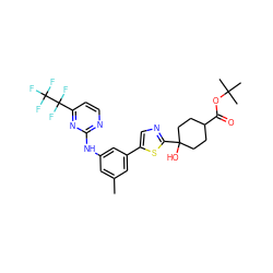 Cc1cc(Nc2nccc(C(F)(F)C(F)(F)F)n2)cc(-c2cnc(C3(O)CCC(C(=O)OC(C)(C)C)CC3)s2)c1 ZINC000145760609