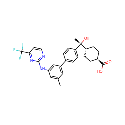 Cc1cc(Nc2nccc(C(F)(F)F)n2)cc(-c2ccc([C@](C)(O)[C@H]3CC[C@H](C(=O)O)CC3)cc2)c1 ZINC001772639148