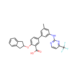 Cc1cc(Nc2nccc(C(F)(F)F)n2)cc(-c2ccc(OC3Cc4ccccc4C3)c(C(=O)O)c2)c1 ZINC001772621964