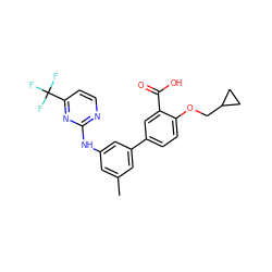 Cc1cc(Nc2nccc(C(F)(F)F)n2)cc(-c2ccc(OCC3CC3)c(C(=O)O)c2)c1 ZINC000211024914