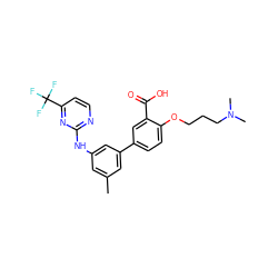 Cc1cc(Nc2nccc(C(F)(F)F)n2)cc(-c2ccc(OCCCN(C)C)c(C(=O)O)c2)c1 ZINC001772624508