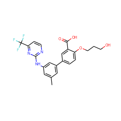 Cc1cc(Nc2nccc(C(F)(F)F)n2)cc(-c2ccc(OCCCO)c(C(=O)O)c2)c1 ZINC000211107726