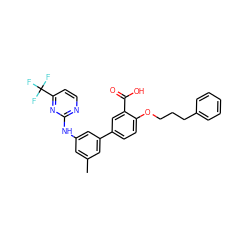 Cc1cc(Nc2nccc(C(F)(F)F)n2)cc(-c2ccc(OCCCc3ccccc3)c(C(=O)O)c2)c1 ZINC001772576078