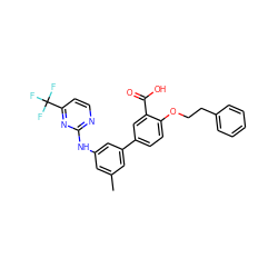 Cc1cc(Nc2nccc(C(F)(F)F)n2)cc(-c2ccc(OCCc3ccccc3)c(C(=O)O)c2)c1 ZINC001772632475