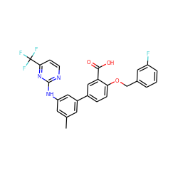 Cc1cc(Nc2nccc(C(F)(F)F)n2)cc(-c2ccc(OCc3cccc(F)c3)c(C(=O)O)c2)c1 ZINC000145335978