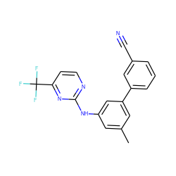 Cc1cc(Nc2nccc(C(F)(F)F)n2)cc(-c2cccc(C#N)c2)c1 ZINC000145526479