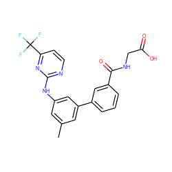 Cc1cc(Nc2nccc(C(F)(F)F)n2)cc(-c2cccc(C(=O)NCC(=O)O)c2)c1 ZINC001772609876