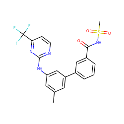 Cc1cc(Nc2nccc(C(F)(F)F)n2)cc(-c2cccc(C(=O)NS(C)(=O)=O)c2)c1 ZINC000145382024