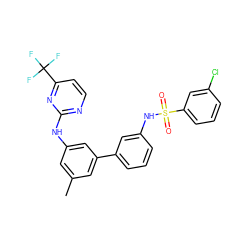 Cc1cc(Nc2nccc(C(F)(F)F)n2)cc(-c2cccc(NS(=O)(=O)c3cccc(Cl)c3)c2)c1 ZINC001772579958