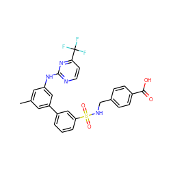 Cc1cc(Nc2nccc(C(F)(F)F)n2)cc(-c2cccc(S(=O)(=O)NCc3ccc(C(=O)O)cc3)c2)c1 ZINC001772571169