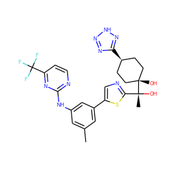 Cc1cc(Nc2nccc(C(F)(F)F)n2)cc(-c2cnc([C@@](C)(O)[C@]3(O)CC[C@@H](c4nn[nH]n4)CC3)s2)c1 ZINC001772602889