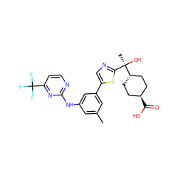 Cc1cc(Nc2nccc(C(F)(F)F)n2)cc(-c2cnc([C@@](C)(O)[C@H]3CC[C@H](C(=O)O)CC3)s2)c1 ZINC001772610237