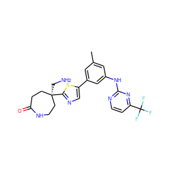 Cc1cc(Nc2nccc(C(F)(F)F)n2)cc(-c2cnc([C@@]3(CN)CCNC(=O)CC3)s2)c1 ZINC000117899657