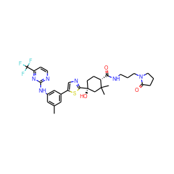 Cc1cc(Nc2nccc(C(F)(F)F)n2)cc(-c2cnc([C@@]3(O)CC[C@H](C(=O)NCCCN4CCCC4=O)C(C)(C)C3)s2)c1 ZINC000142591053