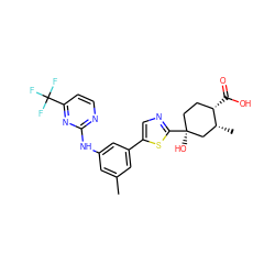 Cc1cc(Nc2nccc(C(F)(F)F)n2)cc(-c2cnc([C@@]3(O)CC[C@H](C(=O)O)[C@H](C)C3)s2)c1 ZINC000141455761