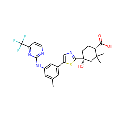 Cc1cc(Nc2nccc(C(F)(F)F)n2)cc(-c2cnc([C@@]3(O)CC[C@H](C(=O)O)C(C)(C)C3)s2)c1 ZINC000072315495